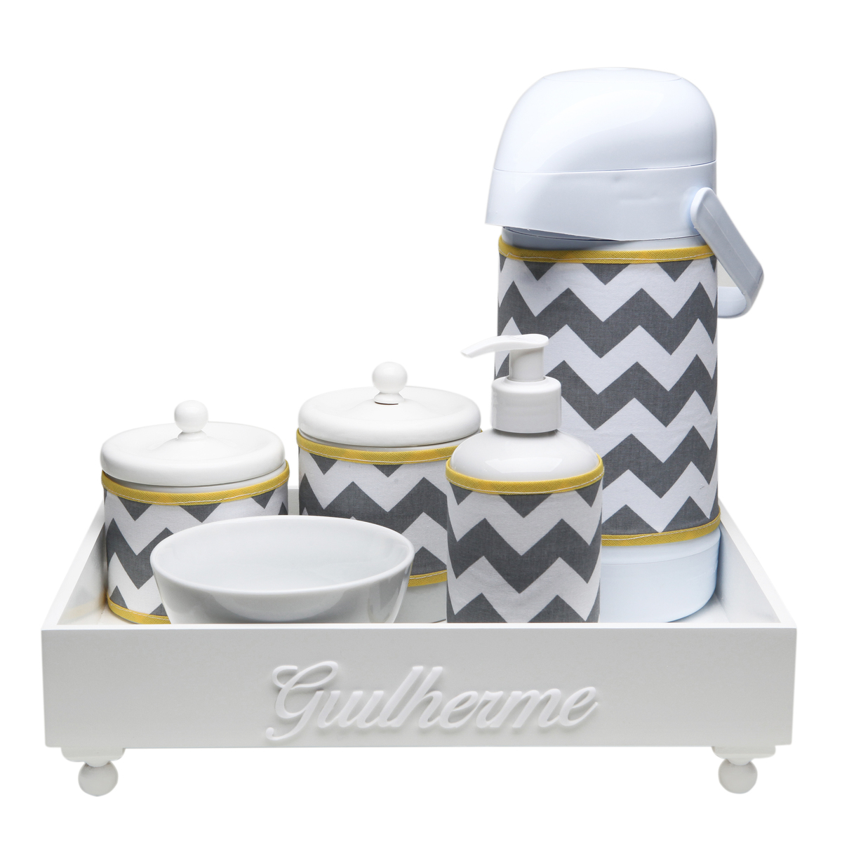 Kit Higiene Candy Com Nome Cinza Chevron Quarto Bebê Infantil Menina Menino
