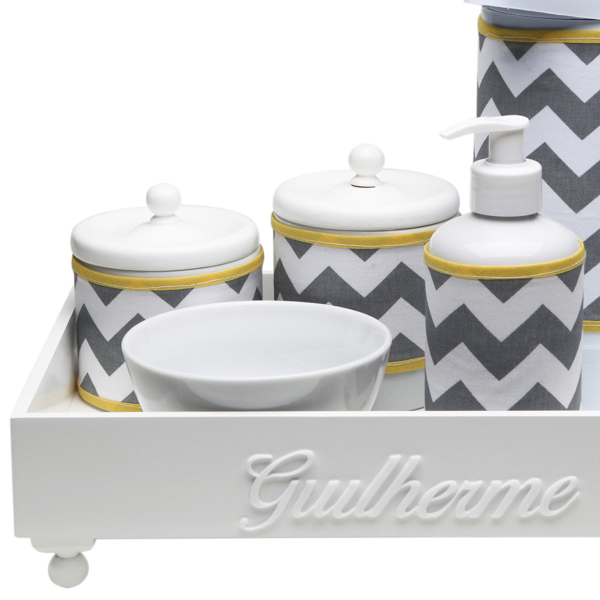 Kit Higiene Candy Com Nome Cinza Chevron Quarto Bebê Infantil Menina Menino