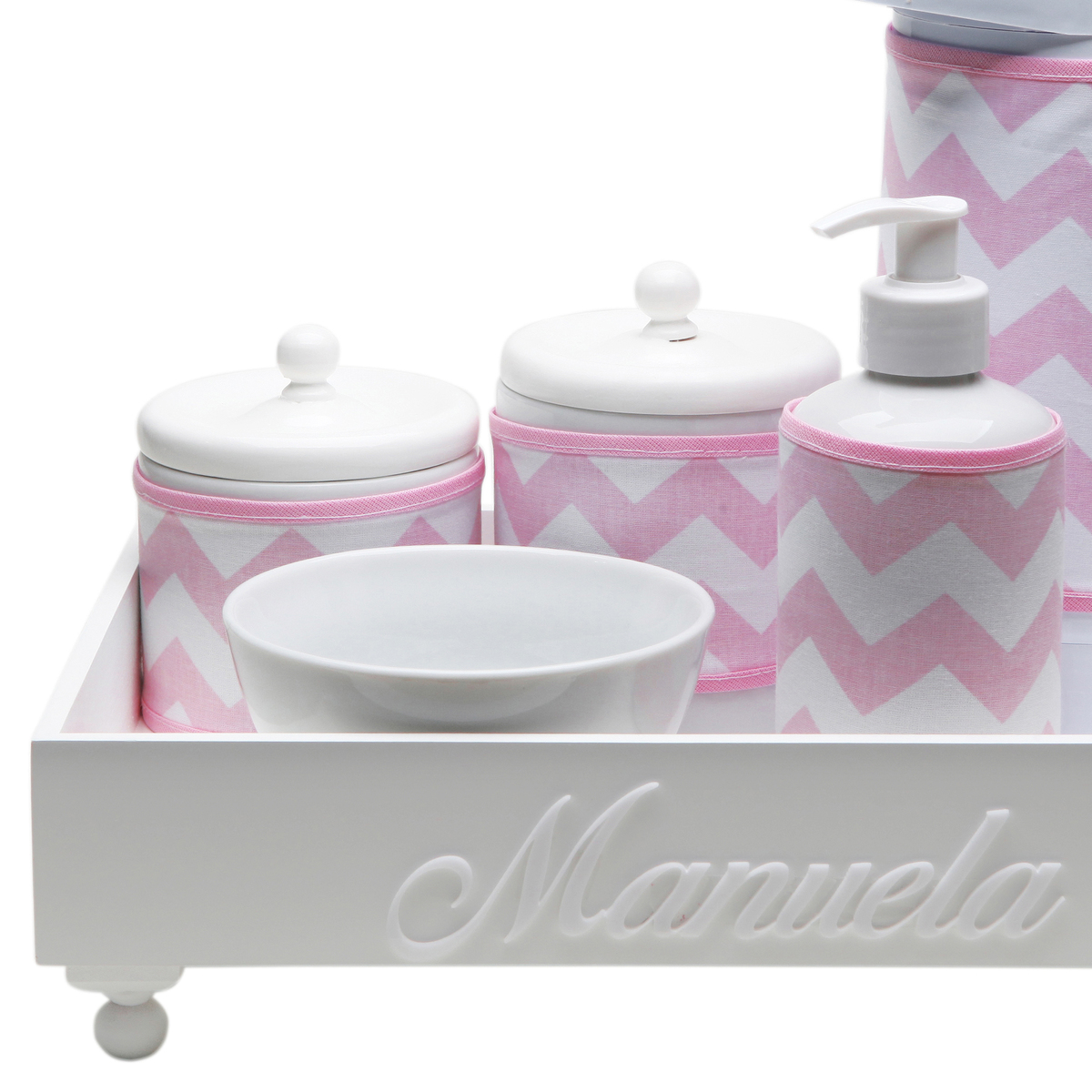 Kit Higiene Candy Com Nome Rosa Chevron Quarto Bebê Infantil Menina