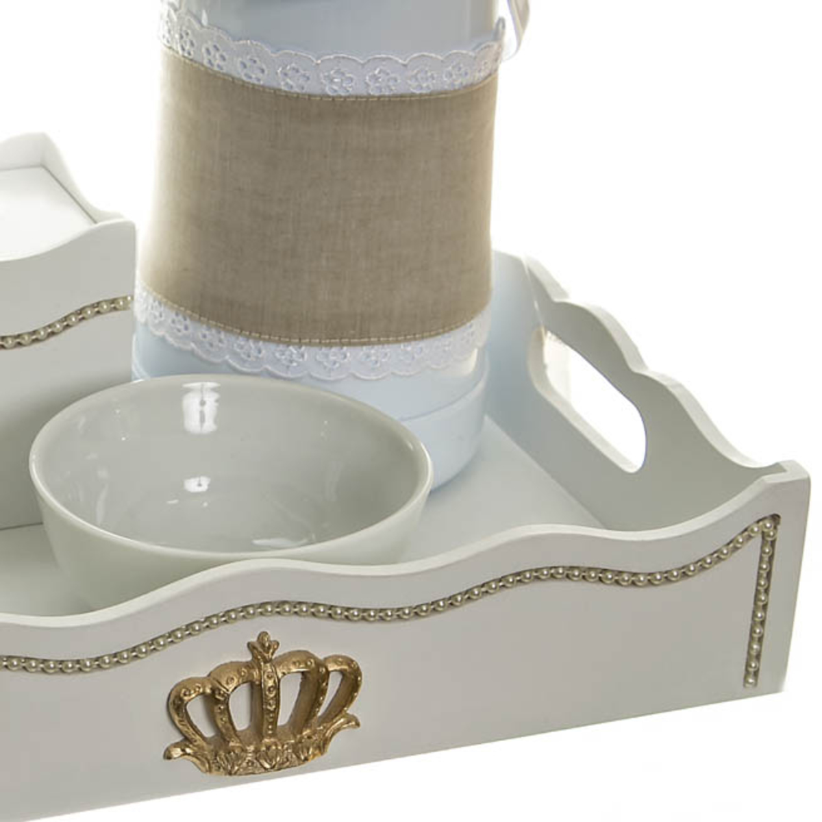 Kit Higiene Com Capa Fantasia Pérolas Amarelas E Corôa Quarto Bebê Menina Menino