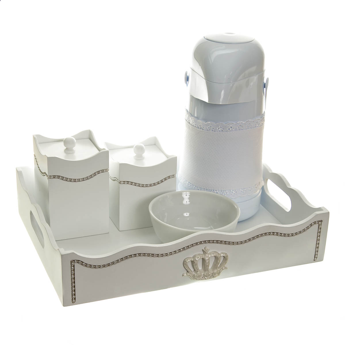 Kit Higiene Com Capa Fantasia Pérolas Brancas E Coroa Quarto Bebê