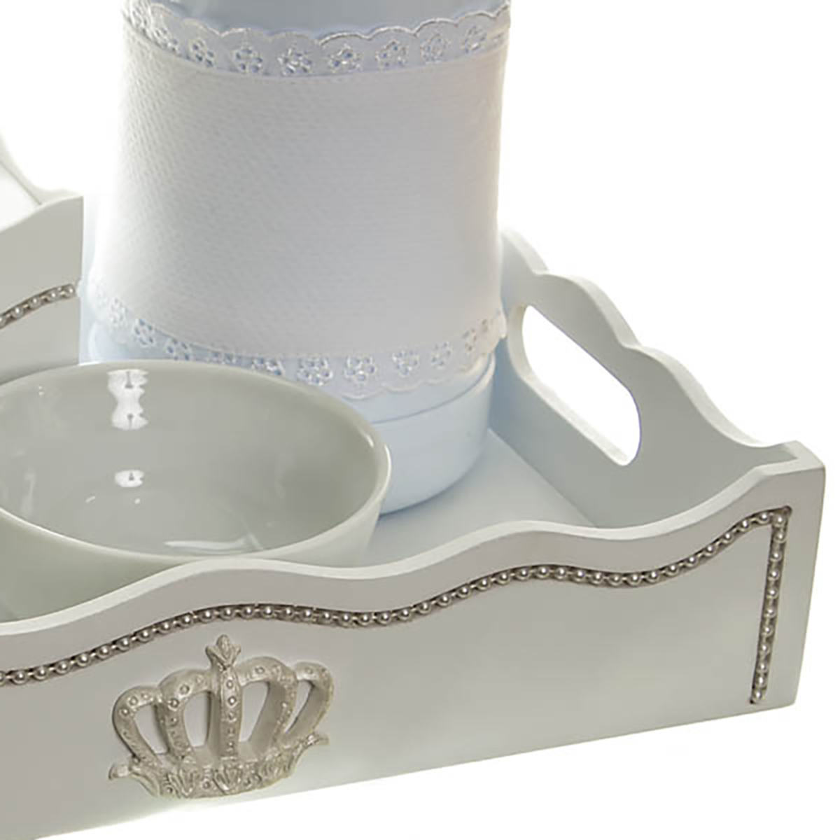 Kit Higiene Com Capa Fantasia Pérolas Brancas E Coroa Quarto Bebê