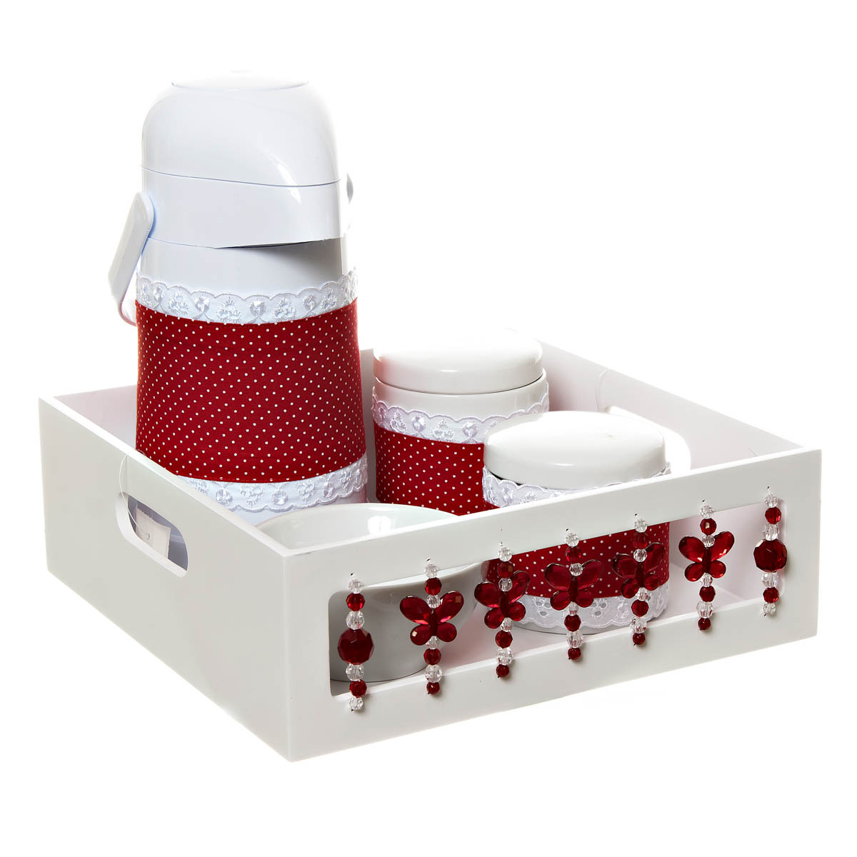 Kit Higiene Com Porcelanas E Capa Borboleta Vermelha Quarto Bebê