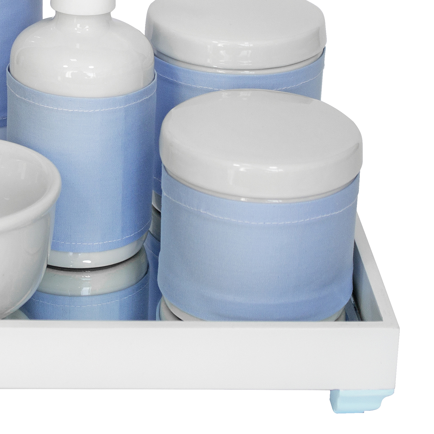 Kit Higiene Espelho Completo Porcelanas, Garrafa Pequena e Capa Azul Quarto Bebê Menino