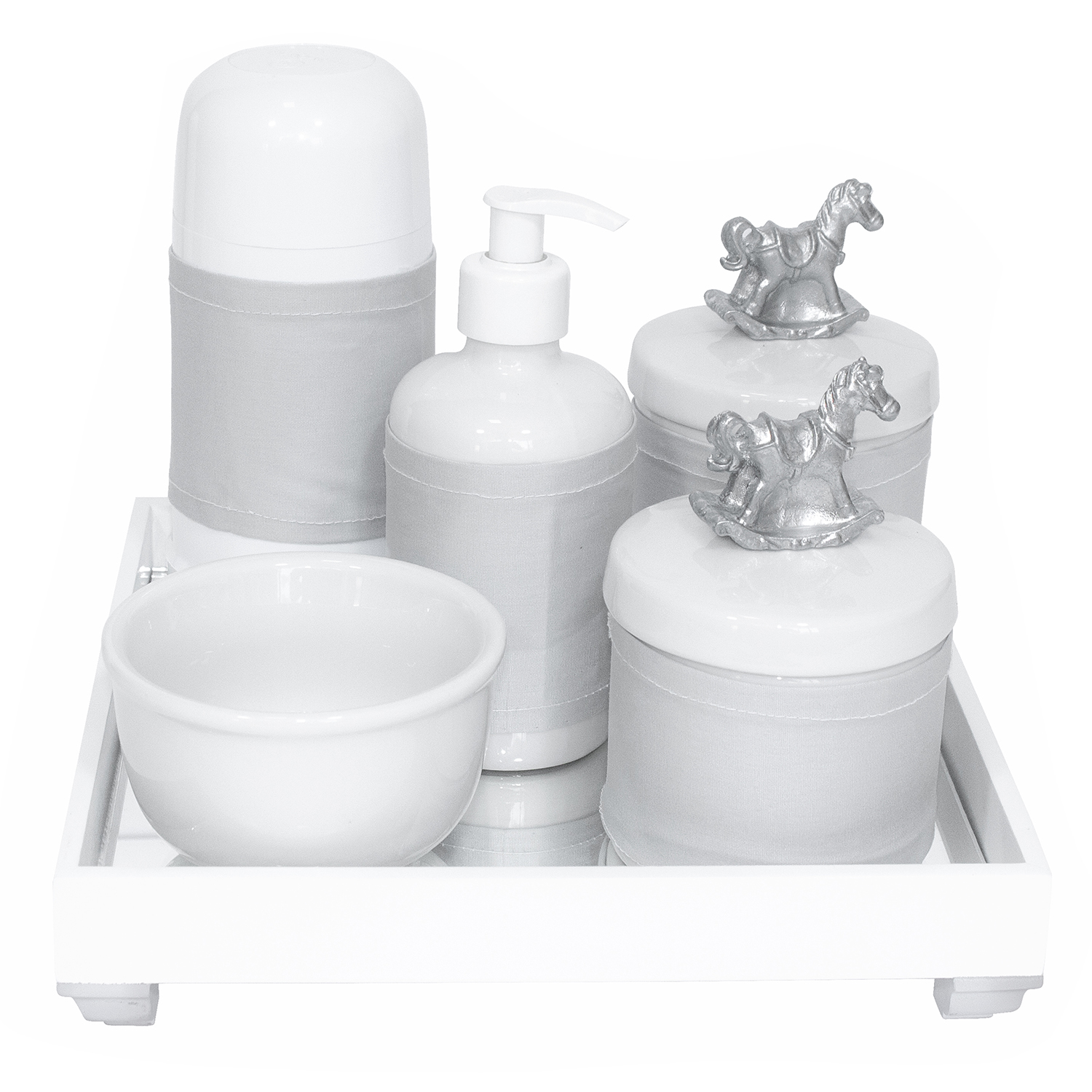 Kit Higiene Espelho Completo Porcelanas, Garrafa Pequena e Capa Cavalinho Prata Quarto Bebê Unissex