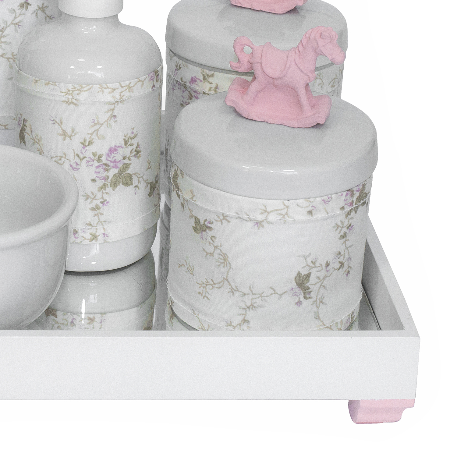 Kit Higiene Espelho Completo Porcelanas, Garrafa Pequena e Capa Cavalinho Rosa Quarto Bebê Menina