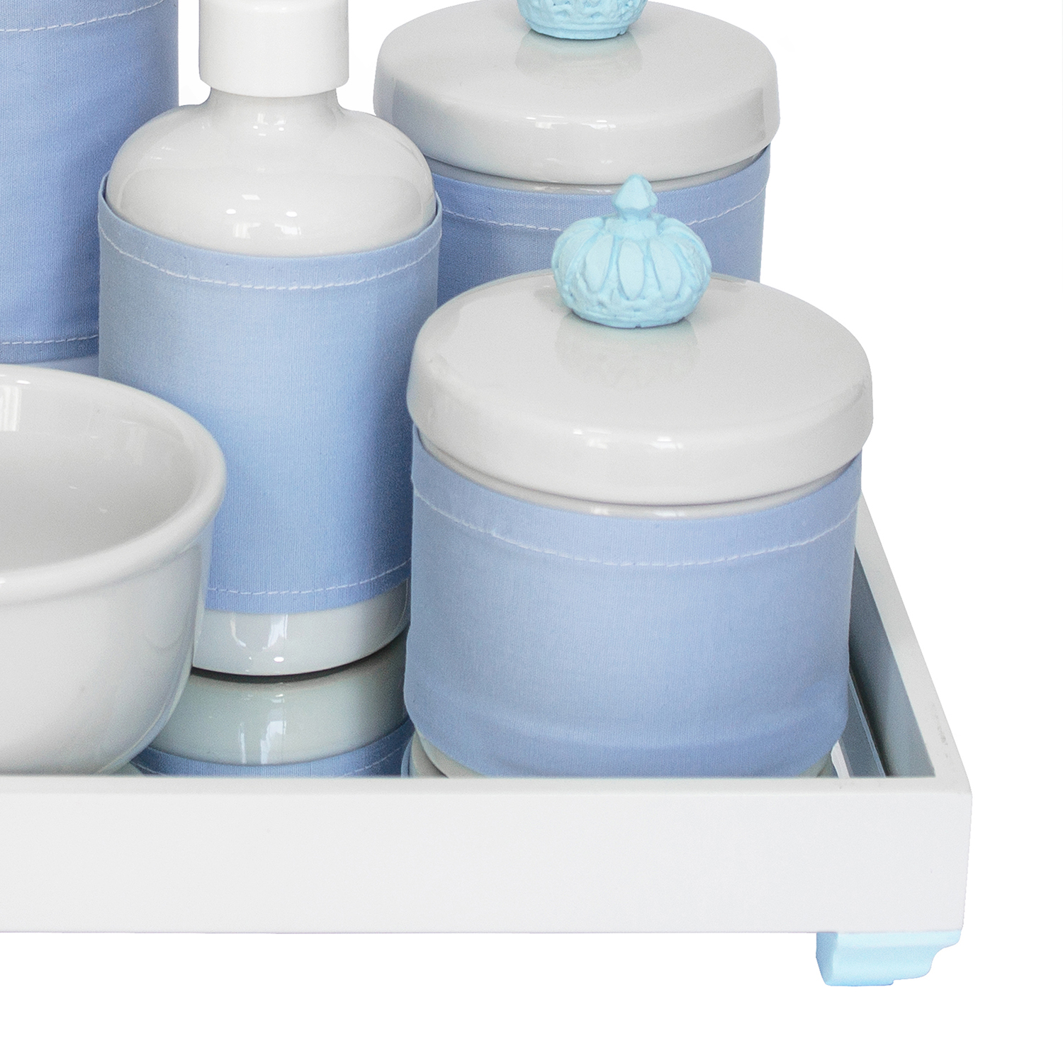 Kit Higiene Espelho Completo Porcelanas, Garrafa Pequena e Capa Coroa Azul Quarto Bebê Menino