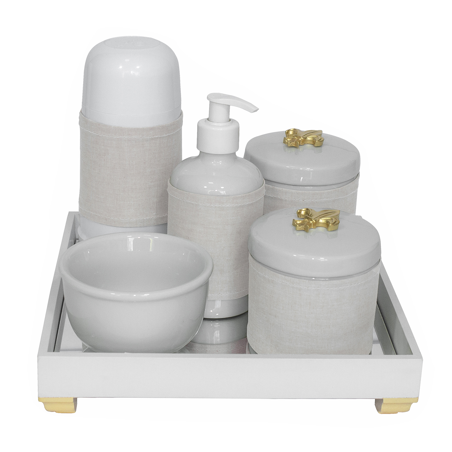 Kit Higiene Espelho Completo Porcelanas, Garrafa Pequena e Capa Flor de Liz Dourado Quarto Bebê Unissex