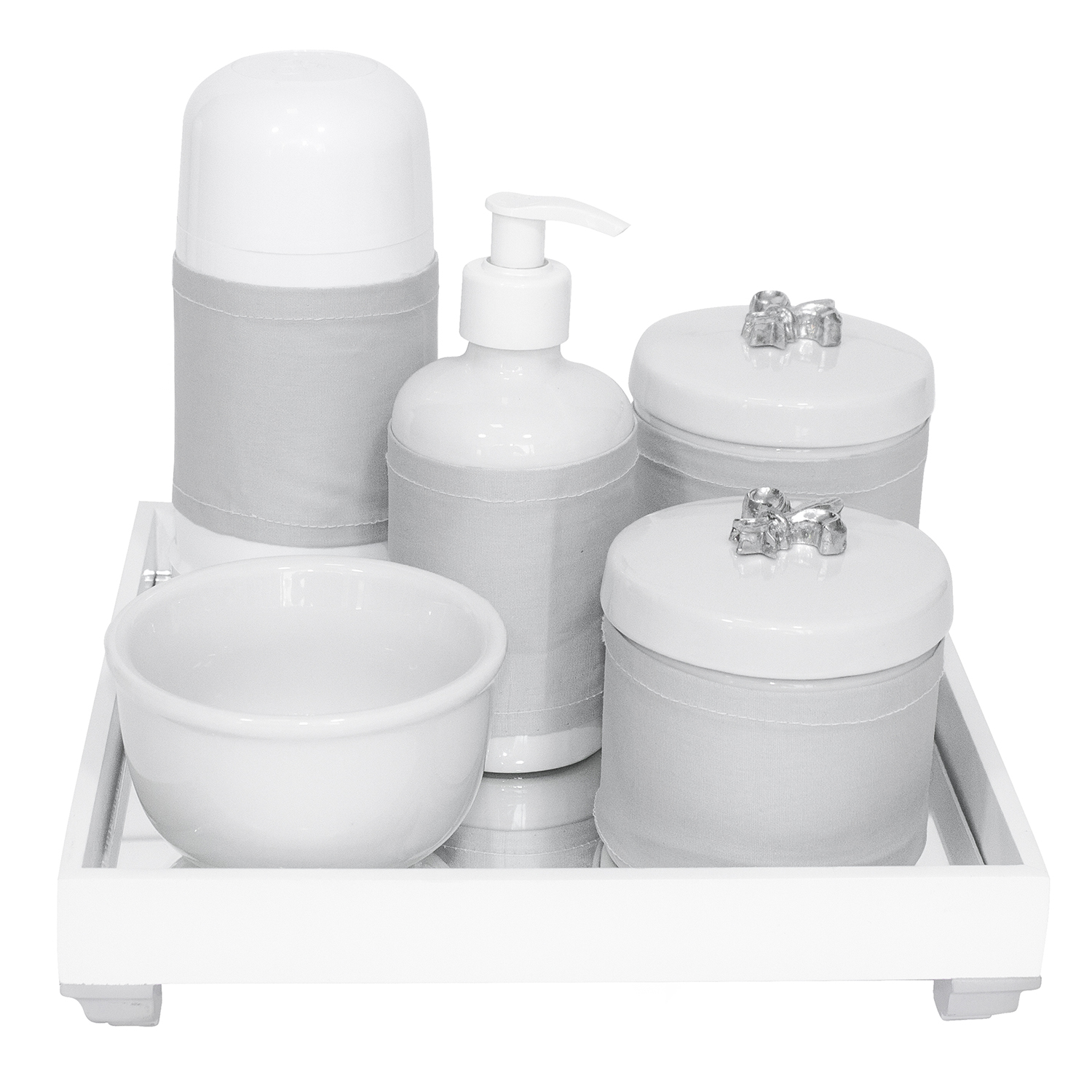 Kit Higiene Espelho Completo Porcelanas, Garrafa Pequena e Capa Flor de Liz Prata Quarto Bebê Unissex