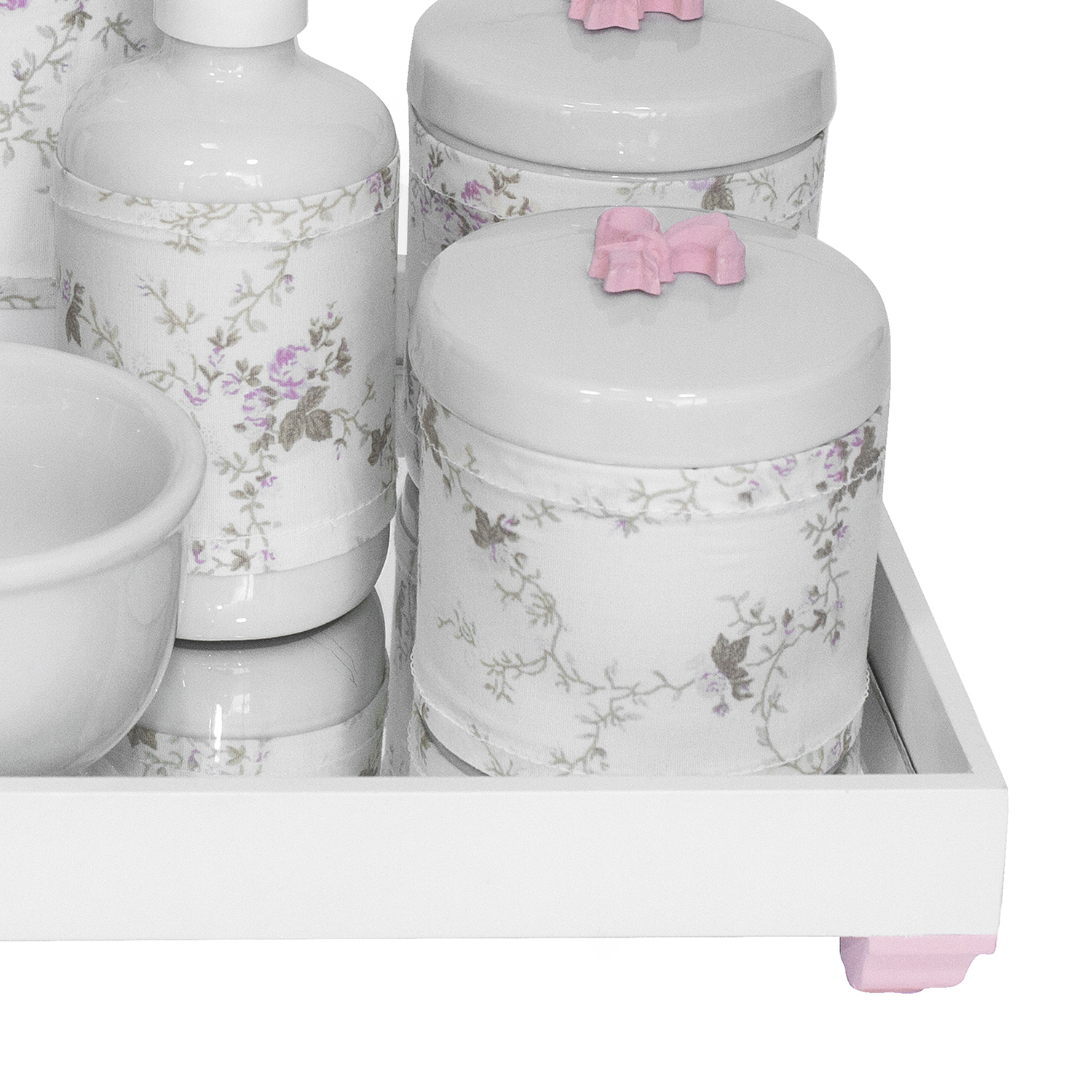 Kit Higiene Espelho Completo Porcelanas, Garrafa Pequena e Capa Flor de Liz Rosa Quarto Bebê Menina