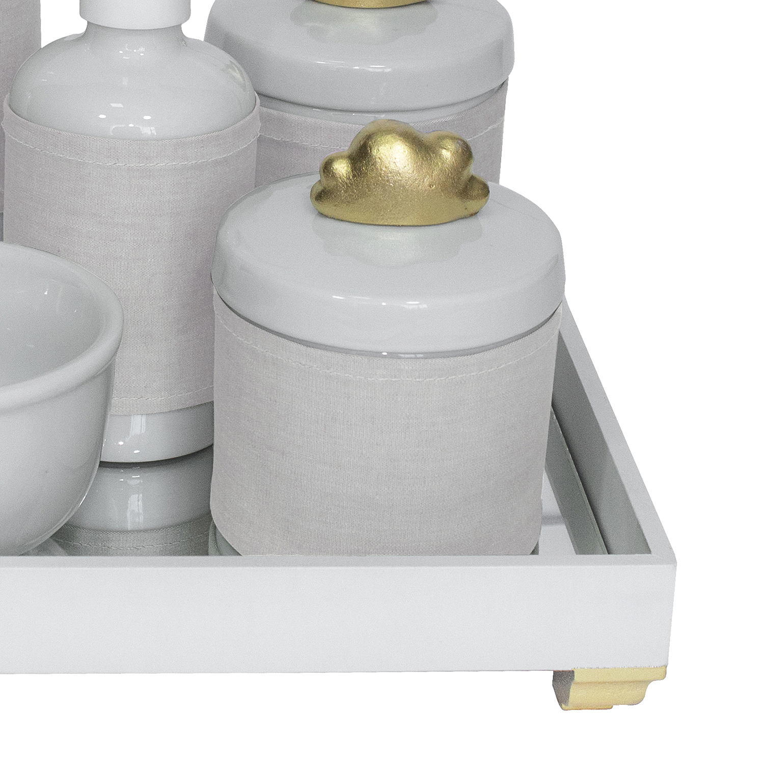 Kit Higiene Espelho Completo Porcelanas, Garrafa Pequena e Capa Nuvem Dourado Quarto Bebê Unissex