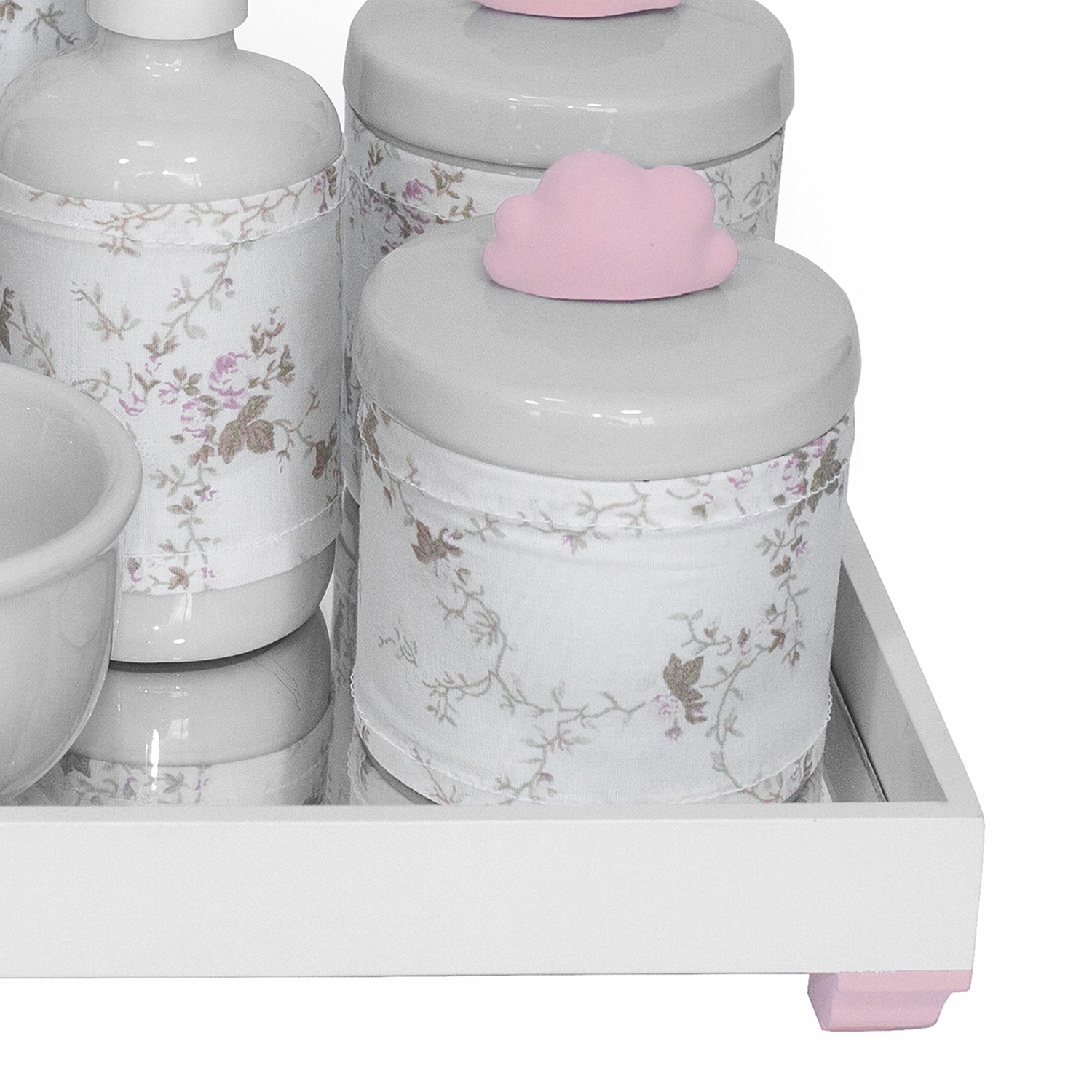 Kit Higiene Espelho Completo Porcelanas, Garrafa Pequena e Capa Nuvem Rosa Quarto Bebê Menina