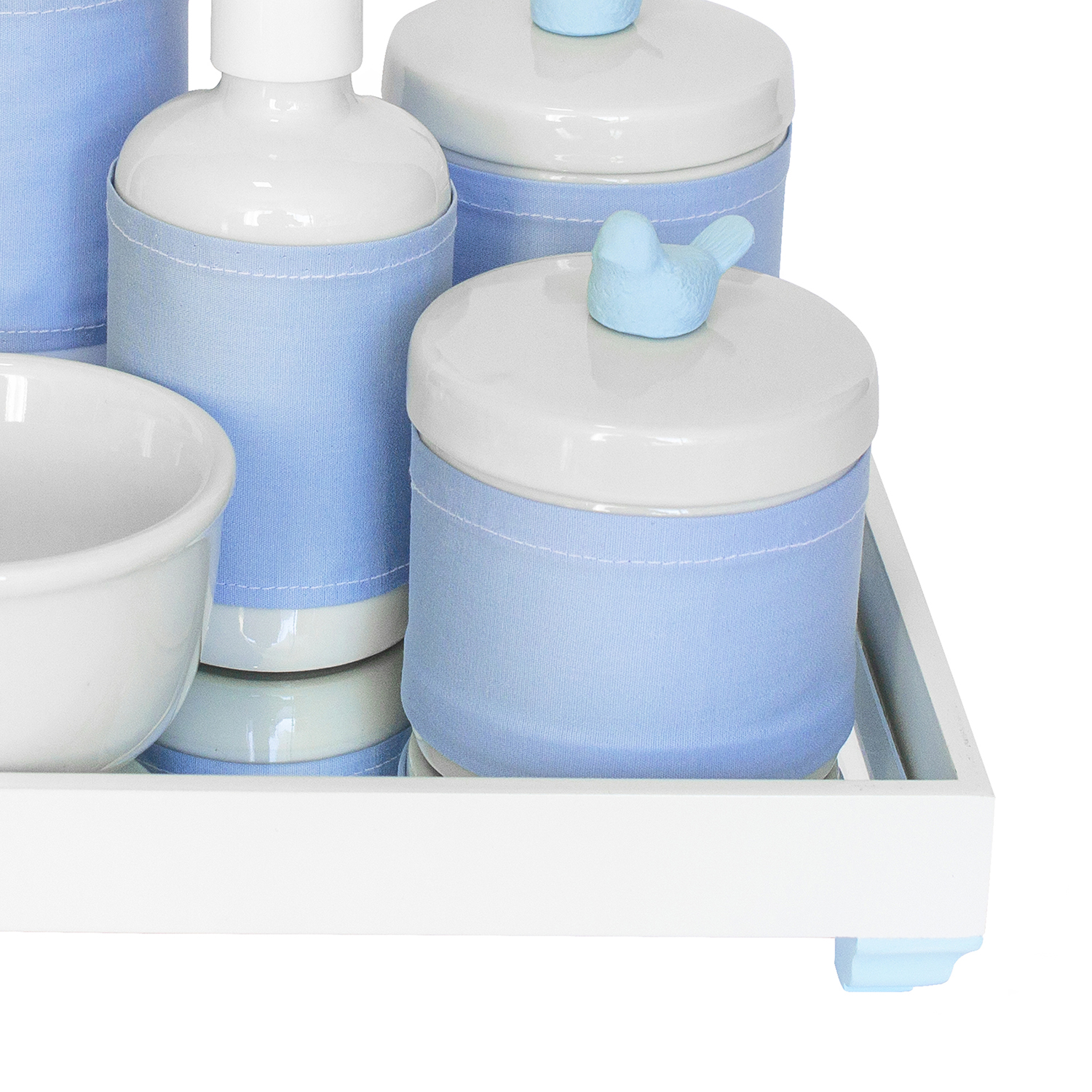 Kit Higiene Espelho Completo Porcelanas, Garrafa Pequena e Capa Passarinho Azul Quarto Bebê Menino