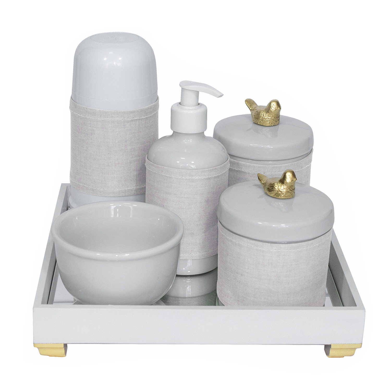 Kit Higiene Espelho Completo Porcelanas, Garrafa Pequena e Capa Passarinho Dourado Quarto Bebê Unissex
