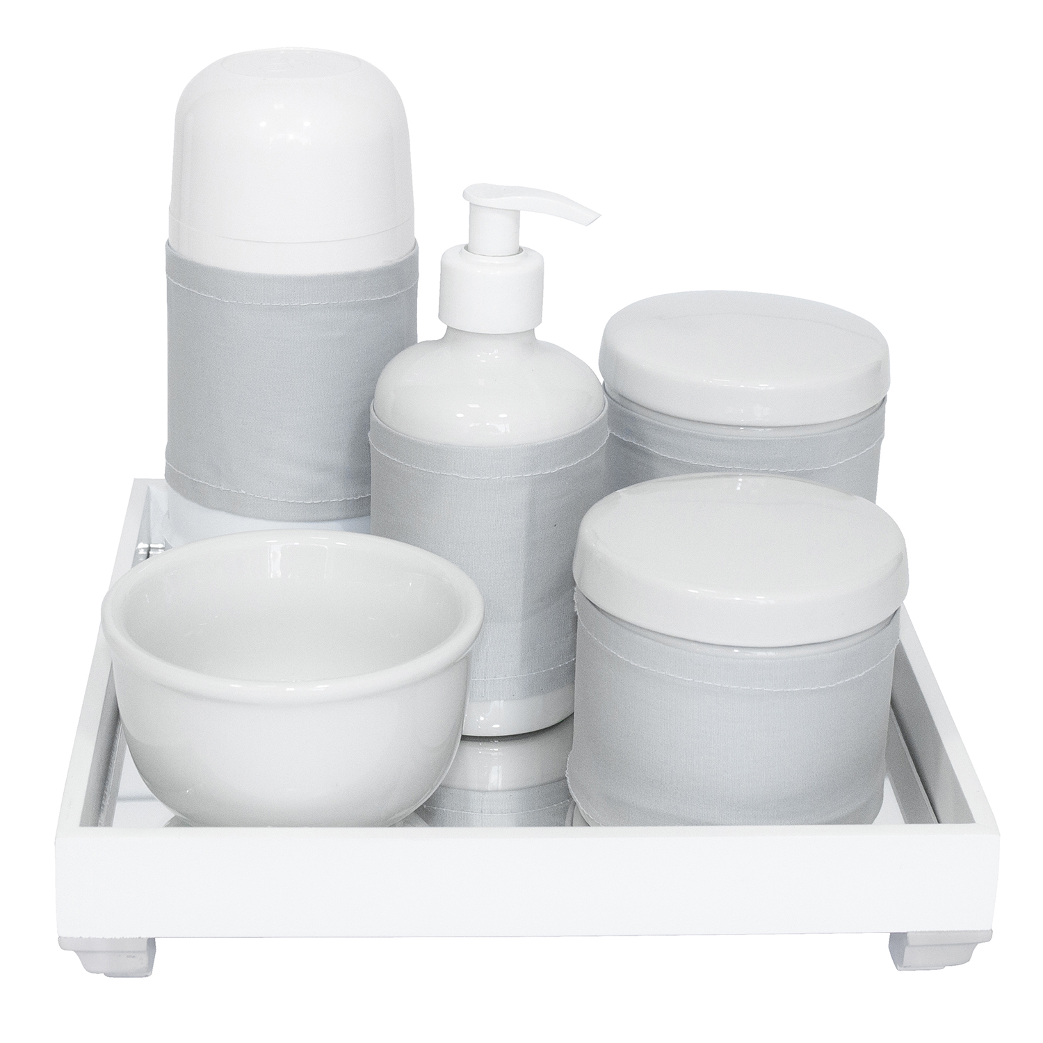 Kit Higiene Espelho Completo Porcelanas, Garrafa Pequena e Capa Prata Quarto Bebê Unissex