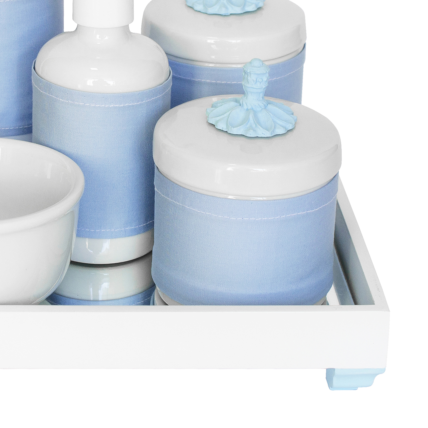Kit Higiene Espelho Completo Porcelanas, Garrafa Pequena e Capa Provençal Azul Quarto Bebê Menino