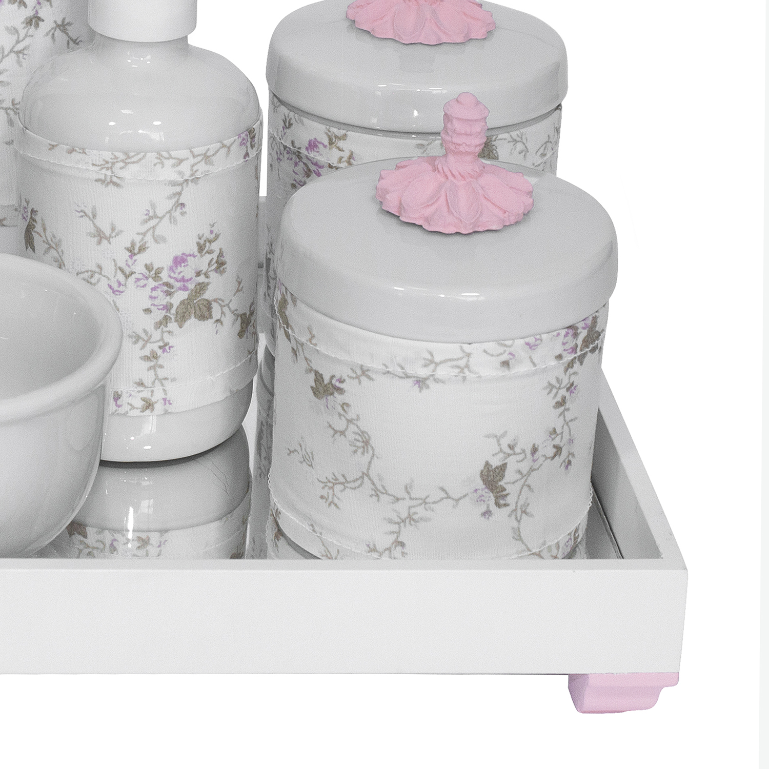 Kit Higiene Espelho Completo Porcelanas, Garrafa Pequena e Capa Provençal Rosa Quarto Bebê Menina