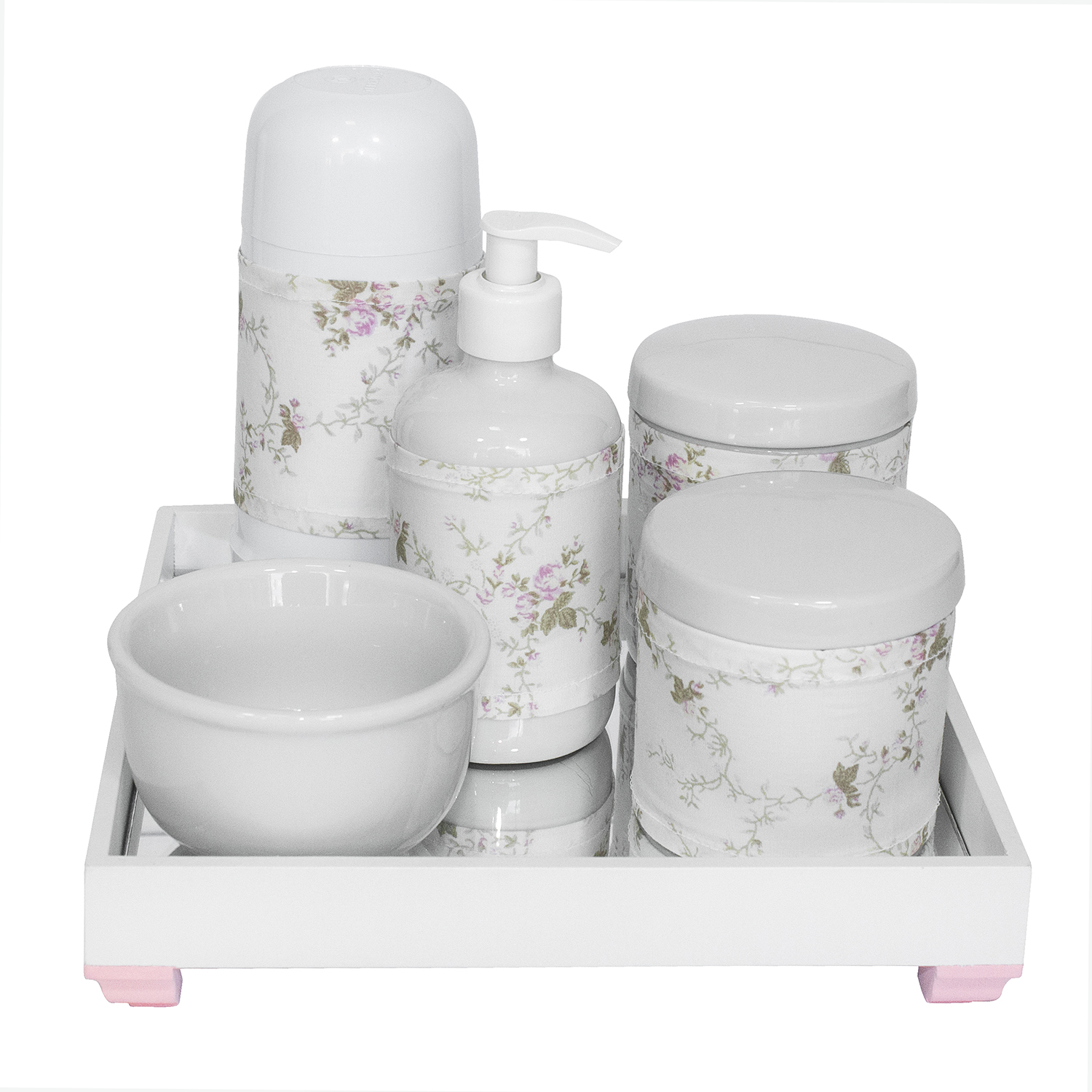 Kit Higiene Espelho Completo Porcelanas, Garrafa Pequena e Capa Rosa Quarto Bebê Menina