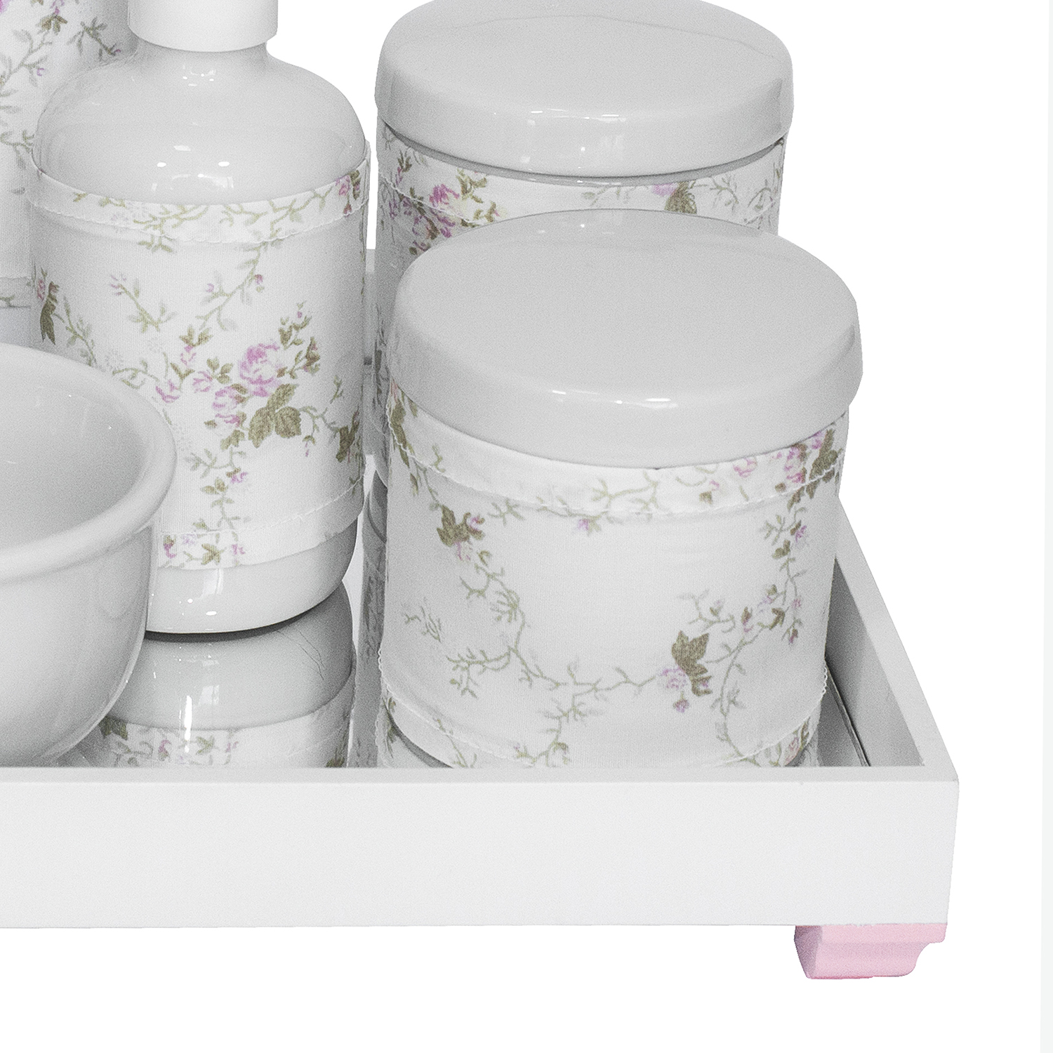 Kit Higiene Espelho Completo Porcelanas, Garrafa Pequena e Capa Rosa Quarto Bebê Menina