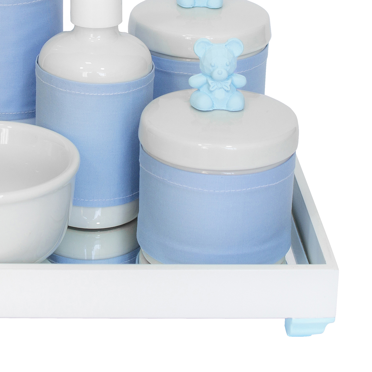 Kit Higiene Espelho Completo Porcelanas, Garrafa Pequena e Capa Ursinho Azul Quarto Bebê Menino