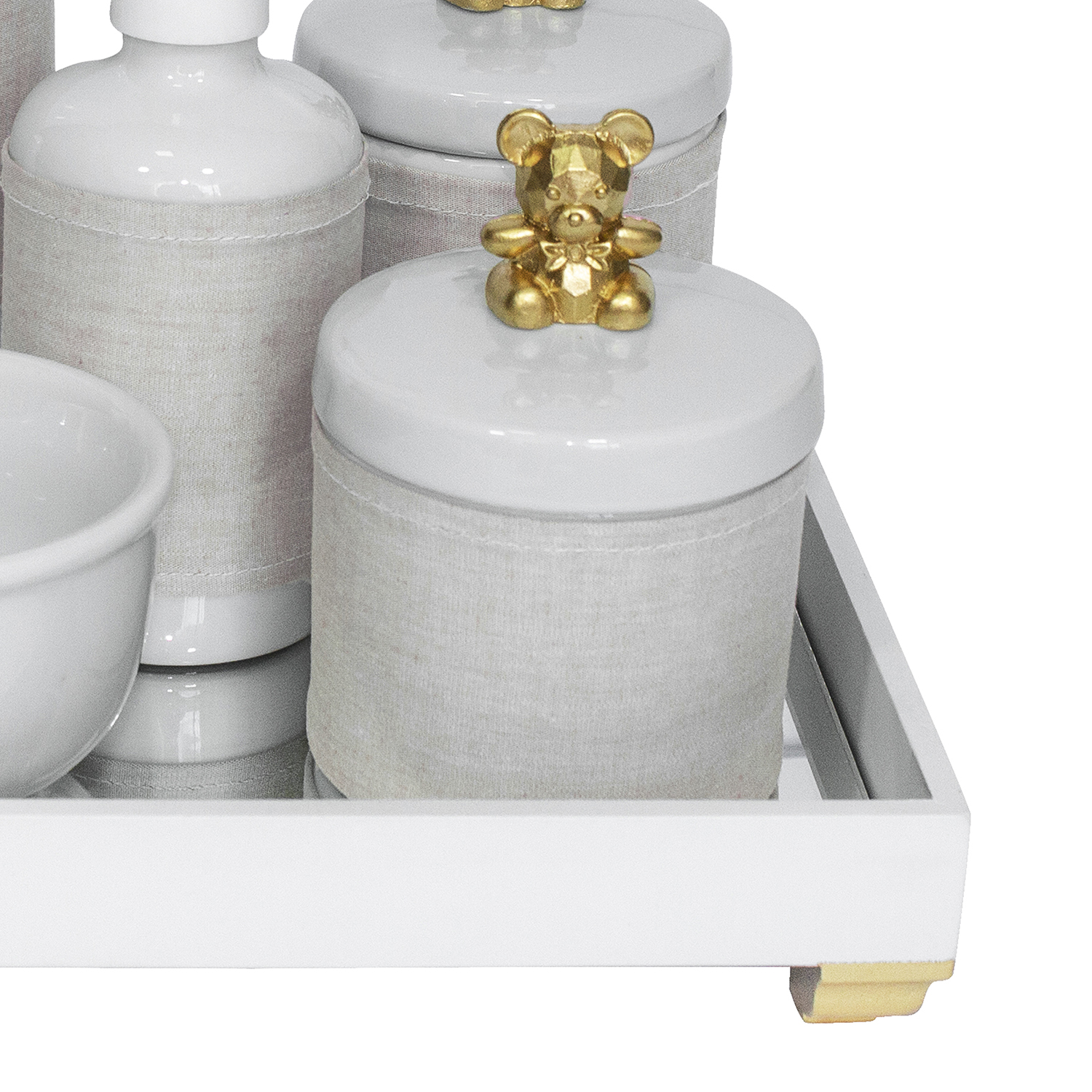 Kit Higiene Espelho Completo Porcelanas, Garrafa Pequena e Capa Ursinho Dourado Quarto Bebê Unissex