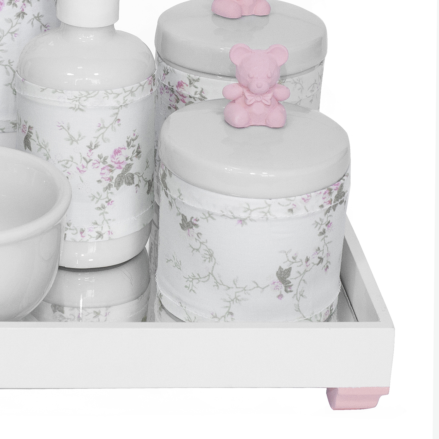 Kit Higiene Espelho Completo Porcelanas, Garrafa Pequena e Capa Ursinho Rosa Quarto Bebê Menina