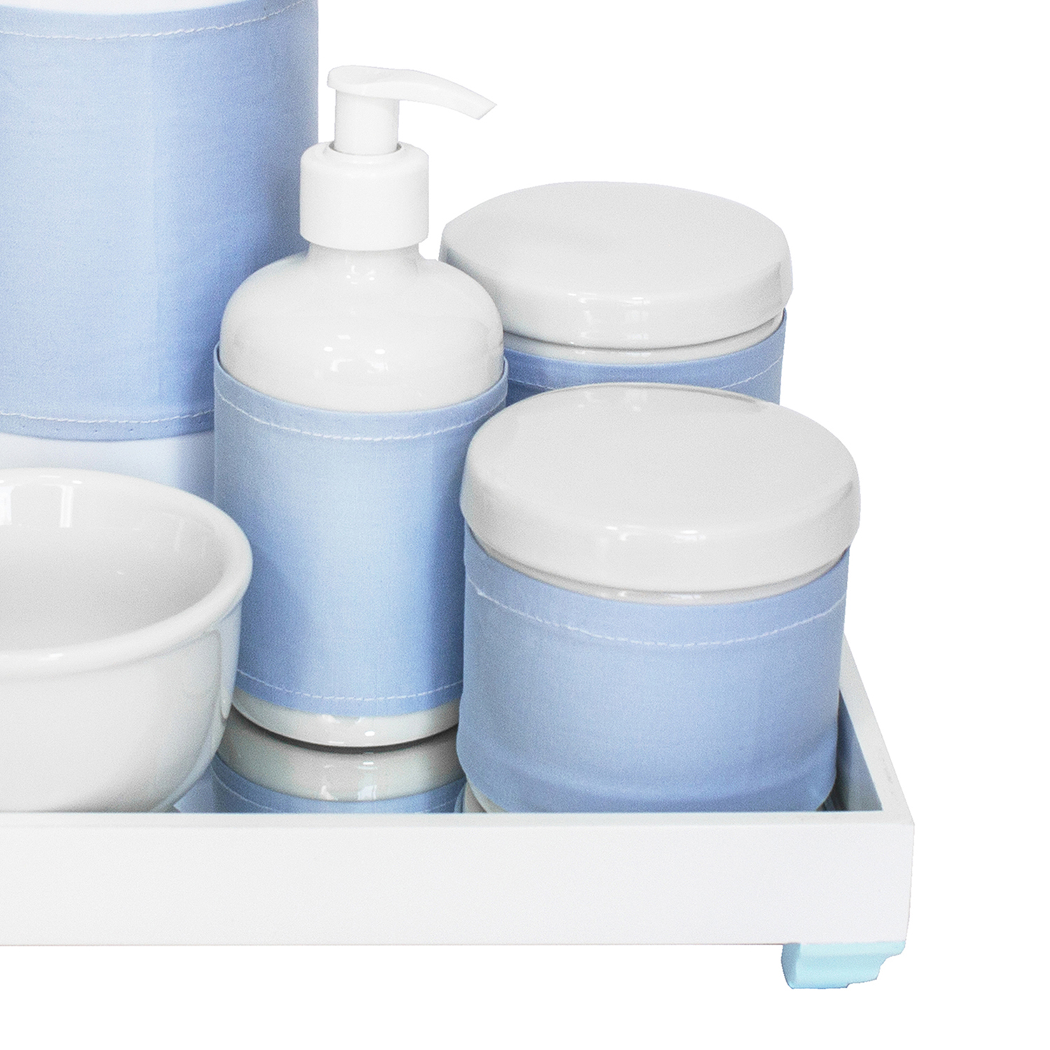 Kit Higiene Espelho Completo Porcelanas, Garrafa e Capa Azul Quarto Bebê Menino