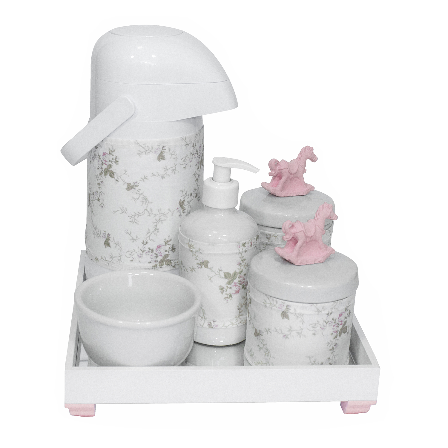 Kit Higiene Espelho Completo Porcelanas, Garrafa e Capa Cavalinho Rosa Quarto Bebê Menina