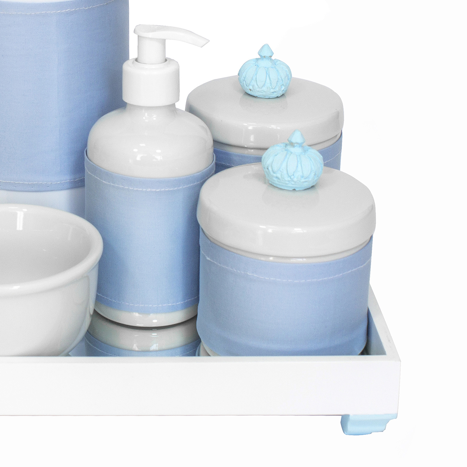 Kit Higiene Espelho Completo Porcelanas, Garrafa e Capa Coroa Azul Quarto Bebê Menino