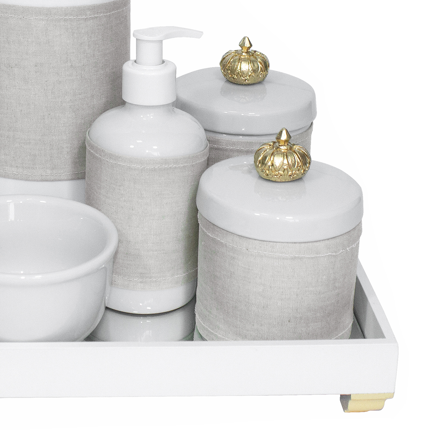 Kit Higiene Espelho Completo Porcelanas, Garrafa e Capa Coroa Dourado Quarto Bebê Unissex