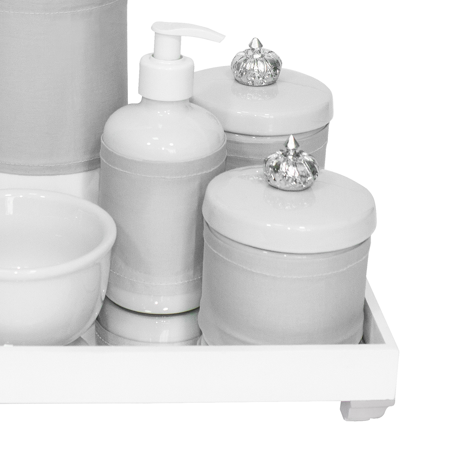 Kit Higiene Espelho Completo Porcelanas, Garrafa e Capa Coroa Prata Quarto Bebê Unissex