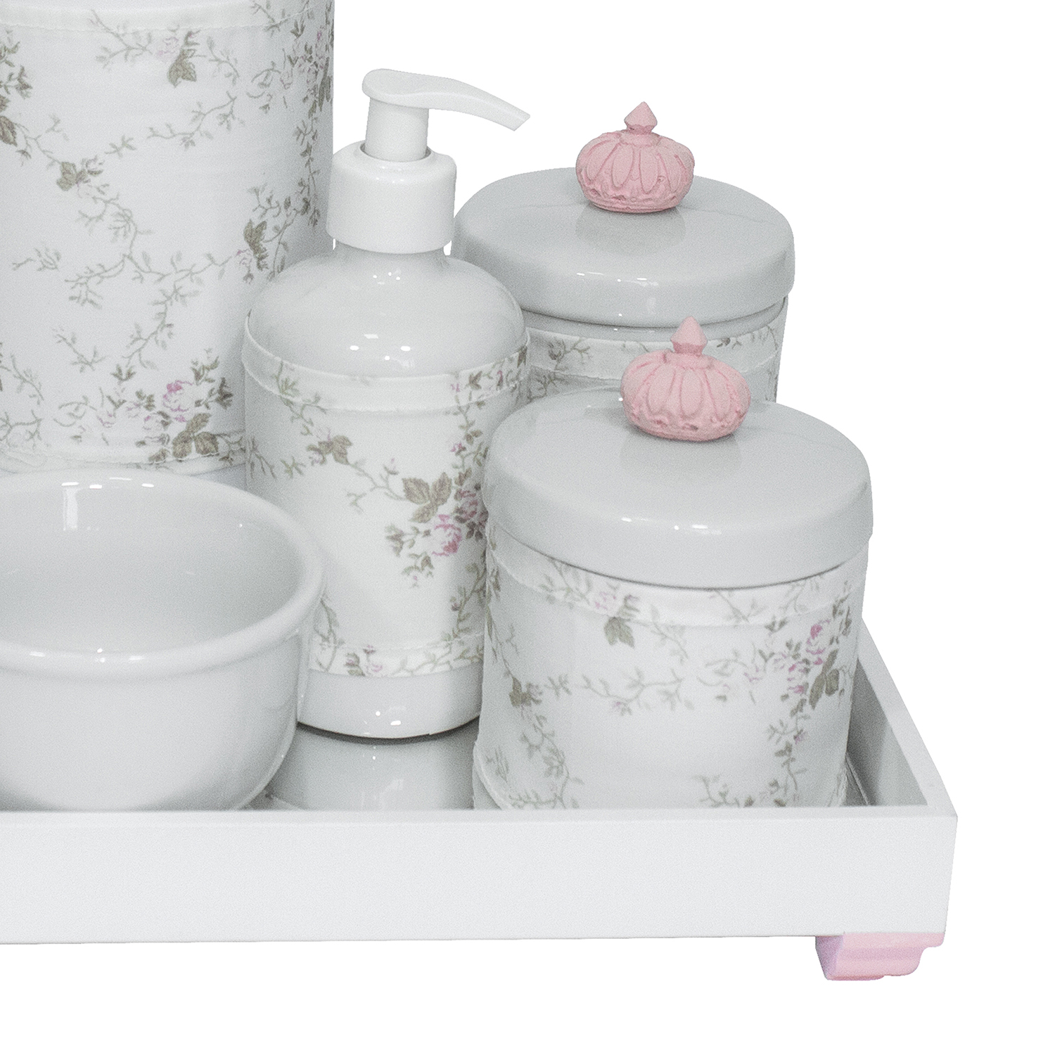 Kit Higiene Espelho Completo Porcelanas, Garrafa e Capa Coroa Rosa Quarto Bebê Menina