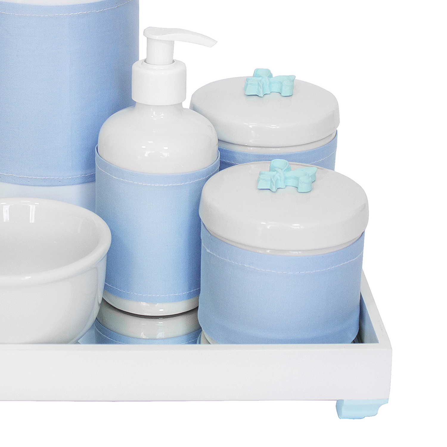 Kit Higiene Espelho Completo Porcelanas, Garrafa e Capa Flor de Liz Azul Quarto Bebê Menino