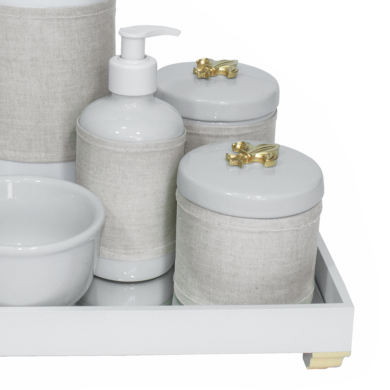 Kit Higiene Espelho Completo Porcelanas, Garrafa e Capa Flor de Liz Dourado Quarto Bebê Unissex