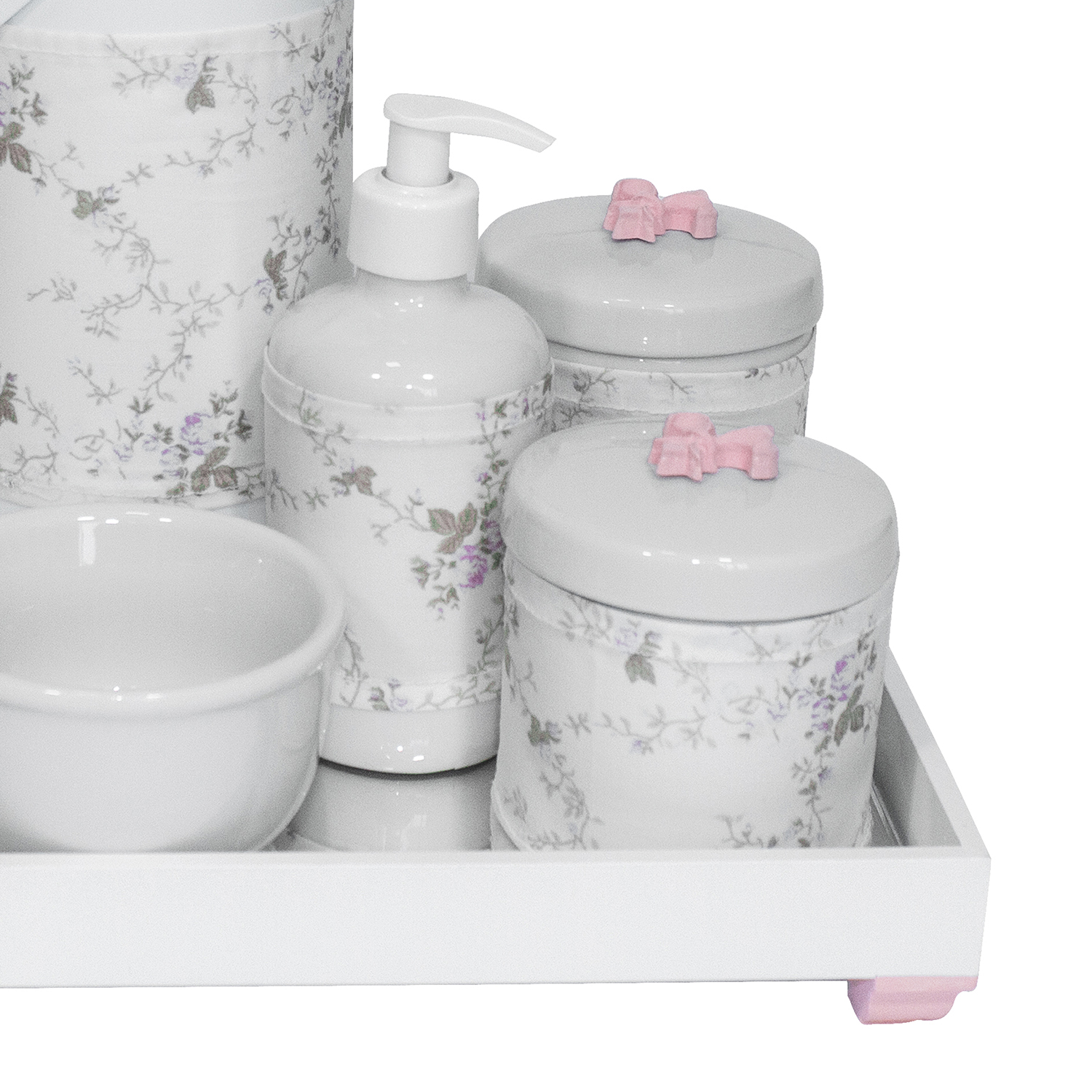 Kit Higiene Espelho Completo Porcelanas, Garrafa e Capa Flor de Liz Rosa Quarto Bebê Menina