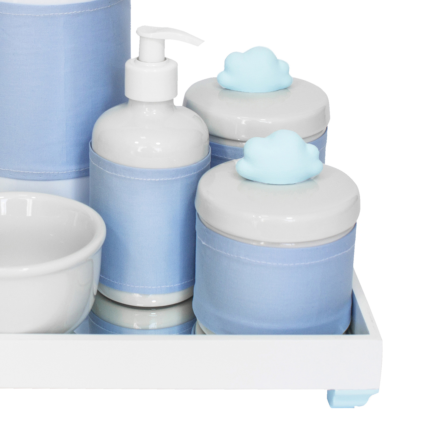 Kit Higiene Espelho Completo Porcelanas, Garrafa e Capa Nuvem Azul Quarto Bebê Menino