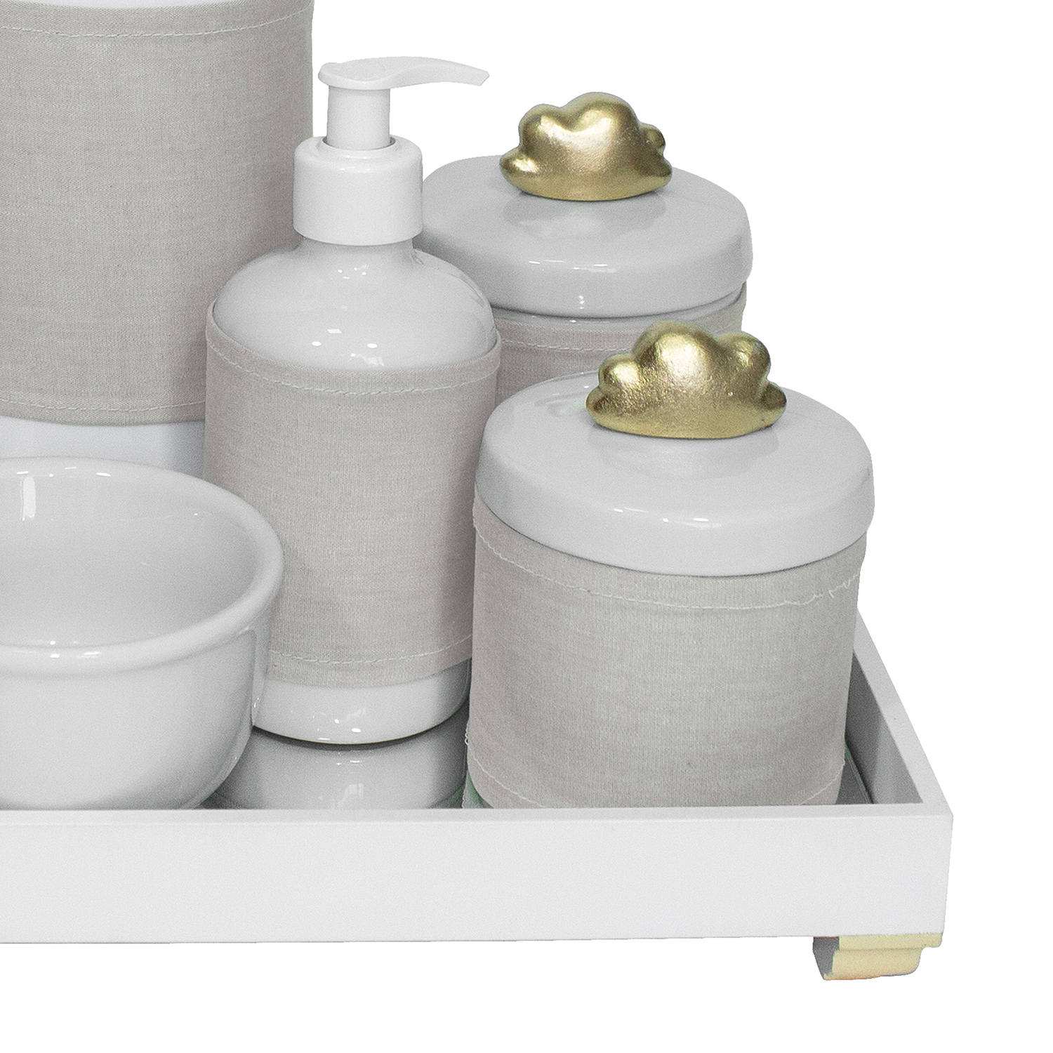 Kit Higiene Espelho Completo Porcelanas, Garrafa e Capa Nuvem Dourado Quarto Bebê Unissex