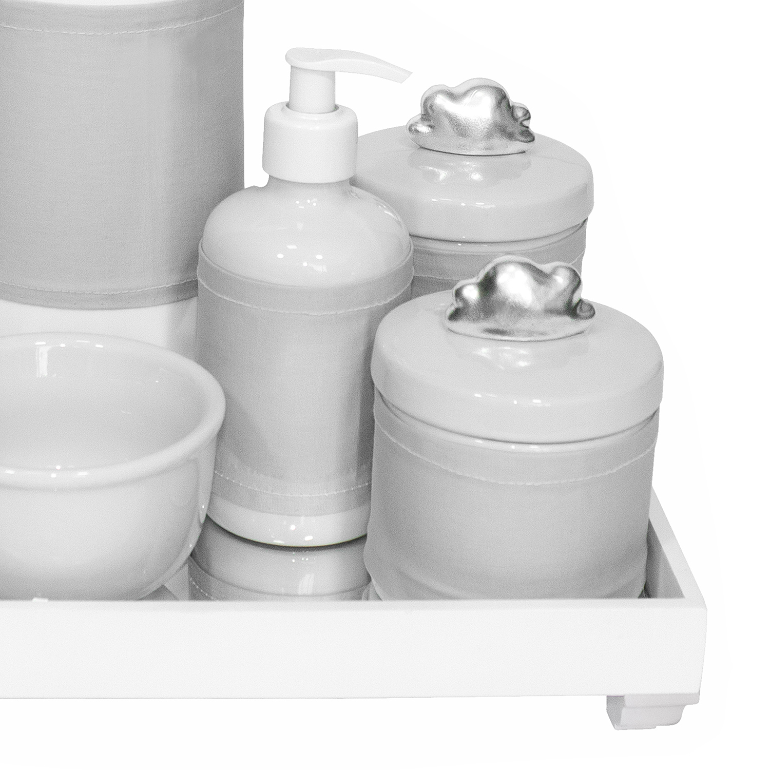 Kit Higiene Espelho Completo Porcelanas, Garrafa e Capa Nuvem Prata Quarto Bebê Unissex