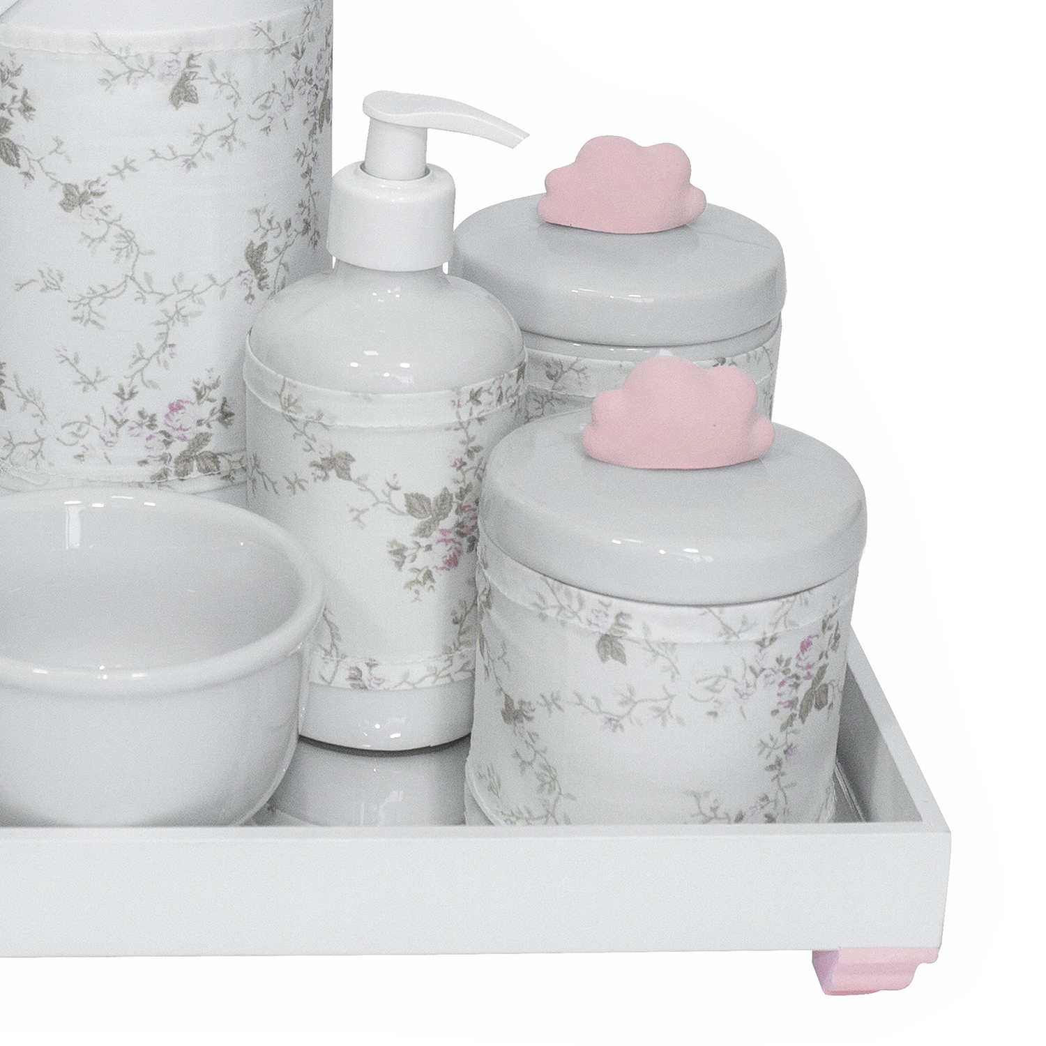 Kit Higiene Espelho Completo Porcelanas, Garrafa e Capa Nuvem Rosa Quarto Bebê Menina