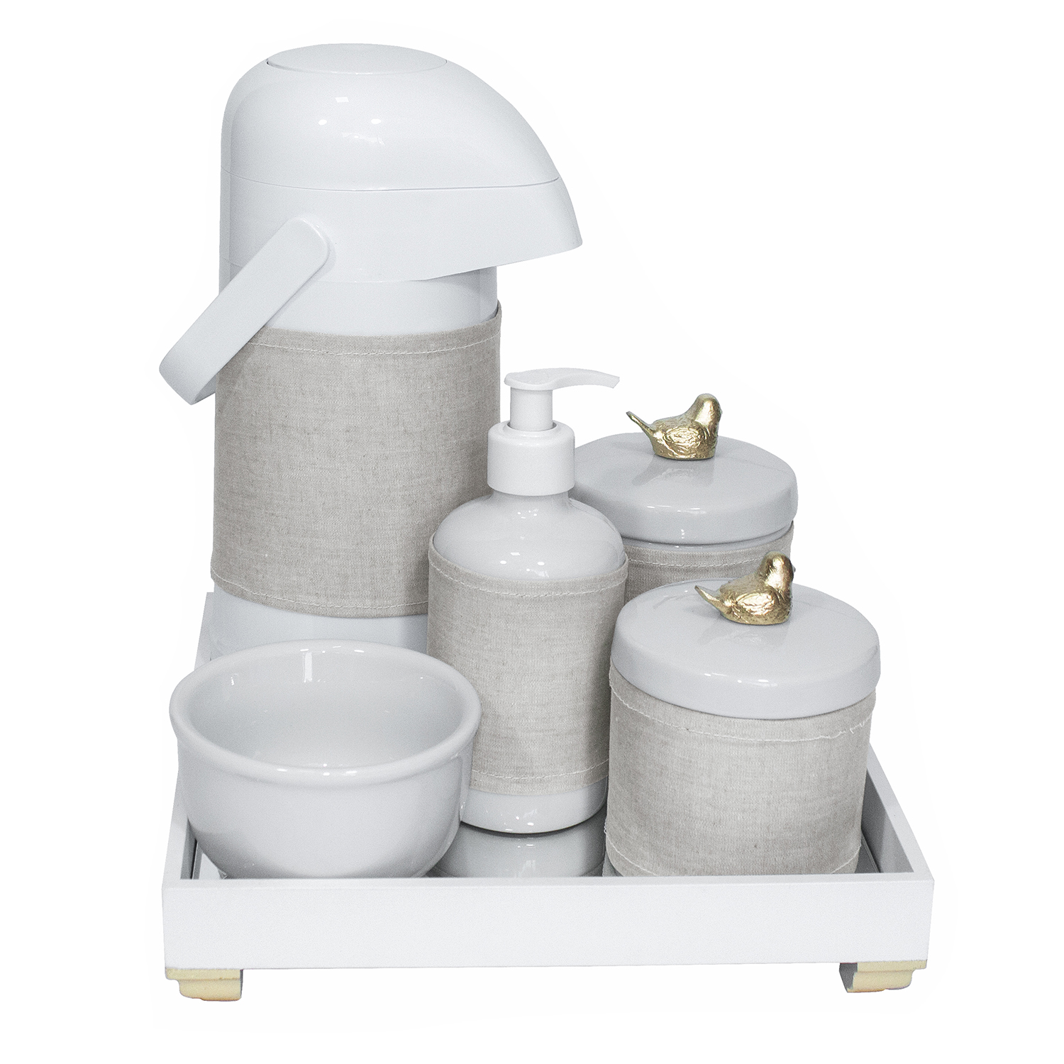 Kit Higiene Espelho Completo Porcelanas, Garrafa e Capa Passarinho Dourado Quarto Bebê Unissex