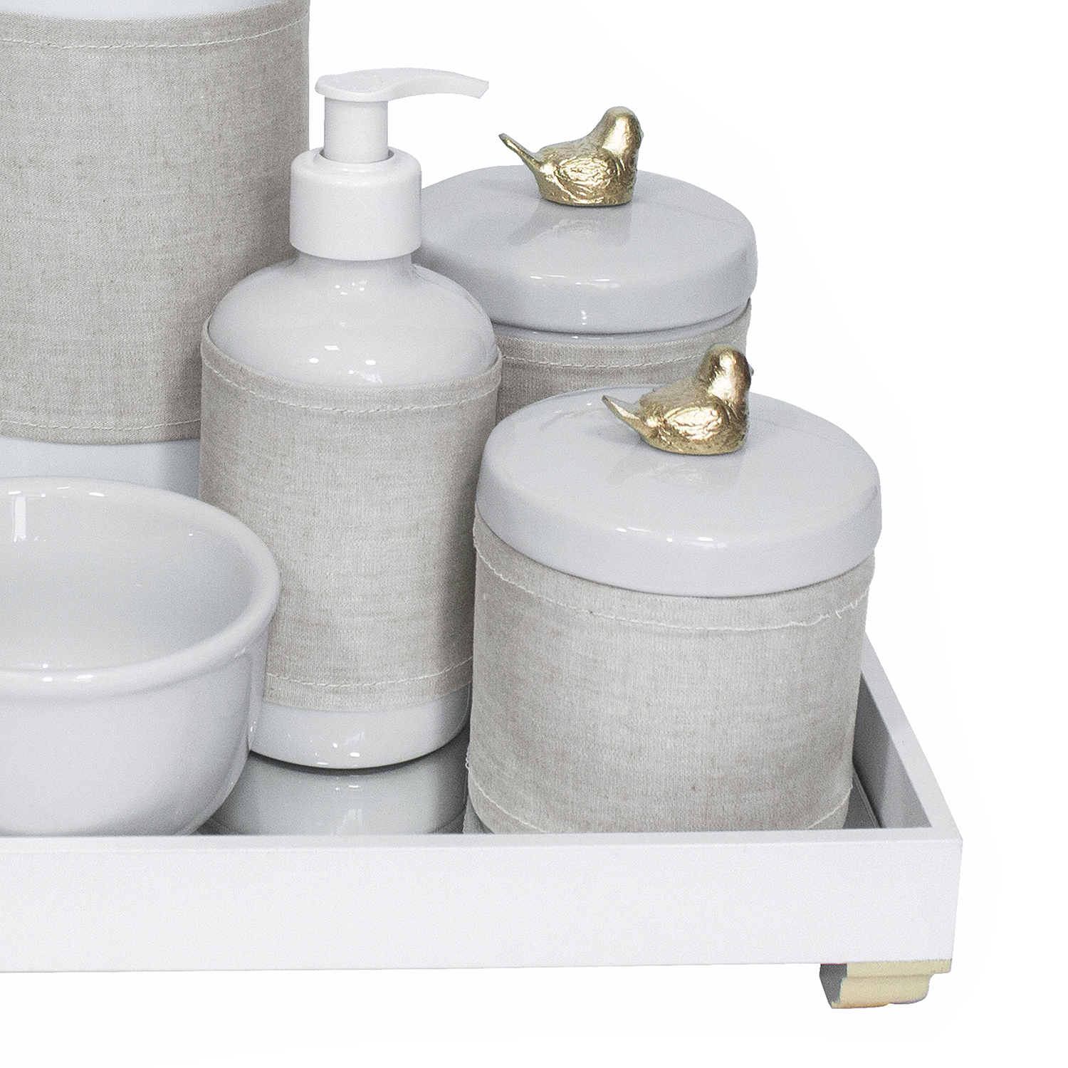Kit Higiene Espelho Completo Porcelanas, Garrafa e Capa Passarinho Dourado Quarto Bebê Unissex