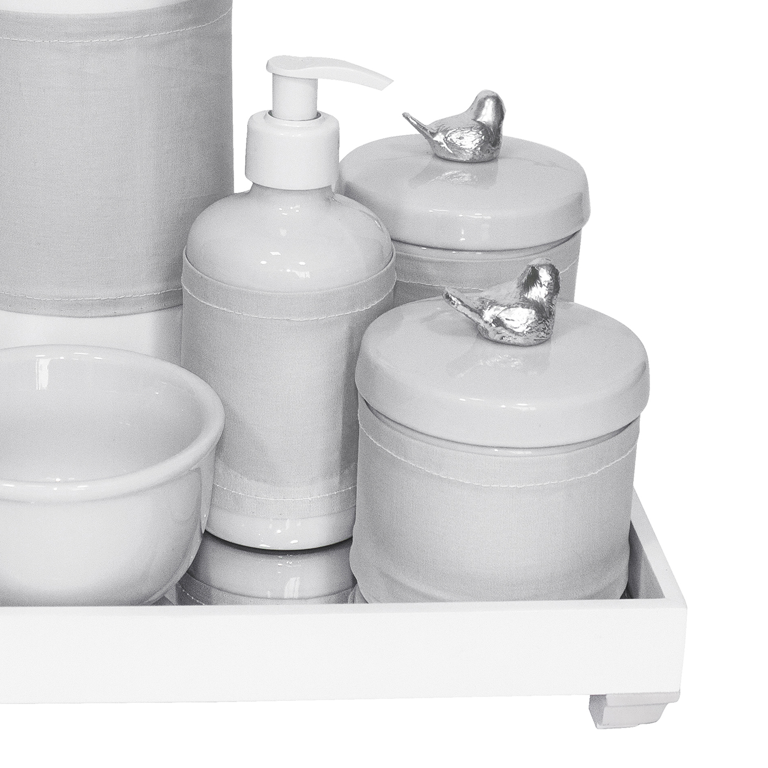 Kit Higiene Espelho Completo Porcelanas, Garrafa e Capa Passarinho Prata Quarto Bebê Unissex