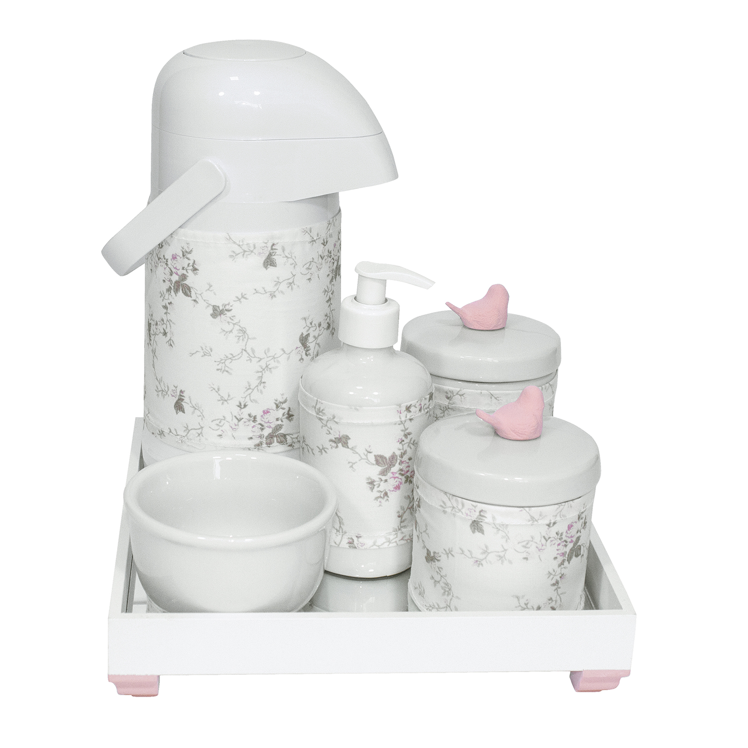 Kit Higiene Espelho Completo Porcelanas, Garrafa e Capa Passarinho Rosa Quarto Bebê Menina
