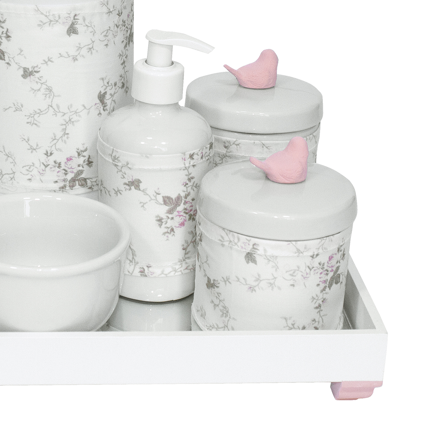 Kit Higiene Espelho Completo Porcelanas, Garrafa e Capa Passarinho Rosa Quarto Bebê Menina