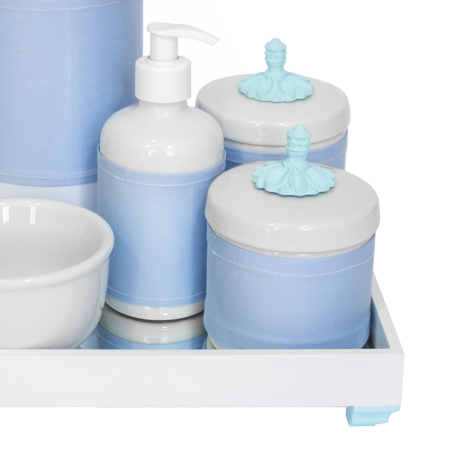 Kit Higiene Espelho Completo Porcelanas, Garrafa e Capa Provençal Azul Quarto Bebê Menino
