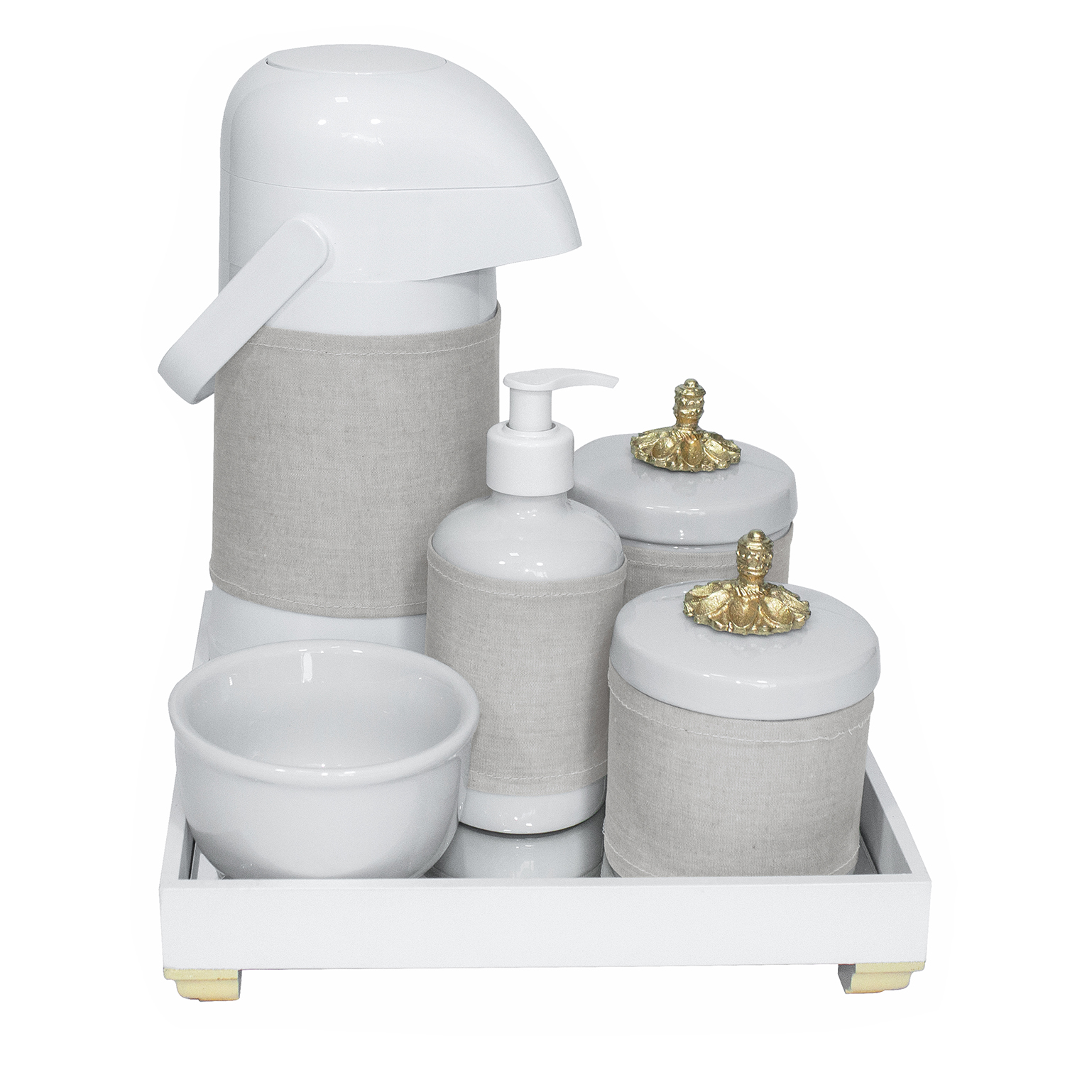 Kit Higiene Espelho Completo Porcelanas, Garrafa e Capa Provençal Dourado Quarto Bebê Unissex