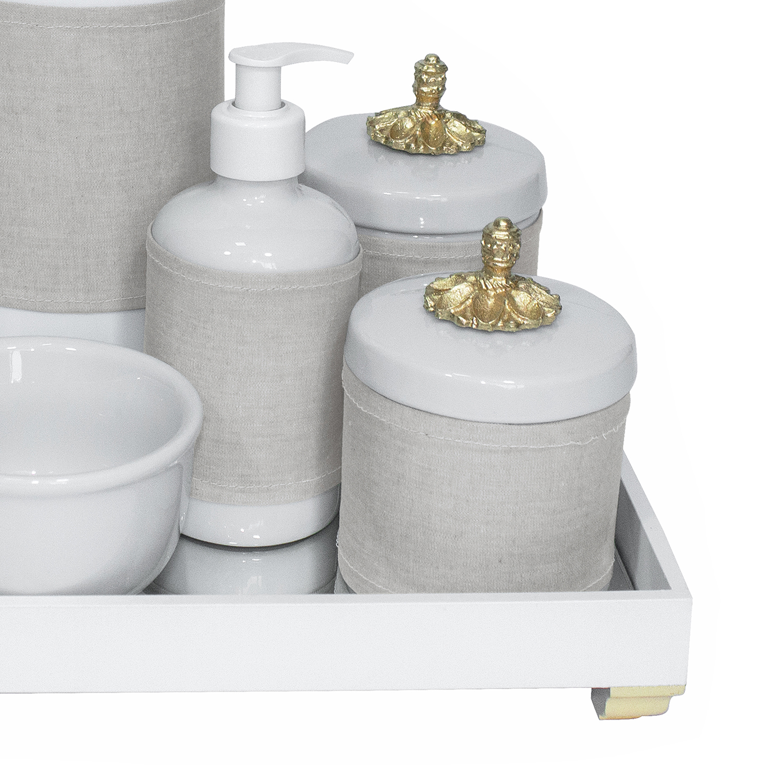 Kit Higiene Espelho Completo Porcelanas, Garrafa e Capa Provençal Dourado Quarto Bebê Unissex