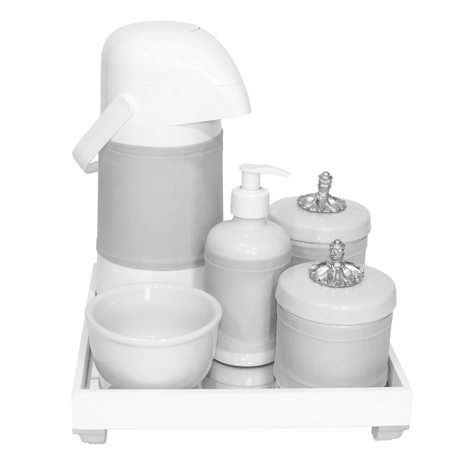 Kit Higiene Espelho Completo Porcelanas, Garrafa e Capa Provençal Prata Quarto Bebê Unissex