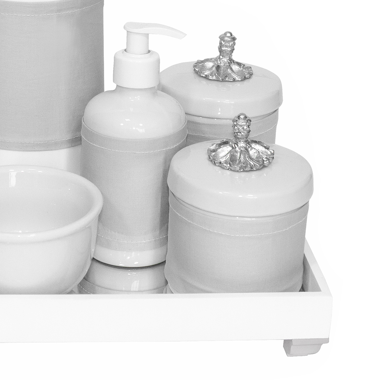 Kit Higiene Espelho Completo Porcelanas, Garrafa e Capa Provençal Prata Quarto Bebê Unissex