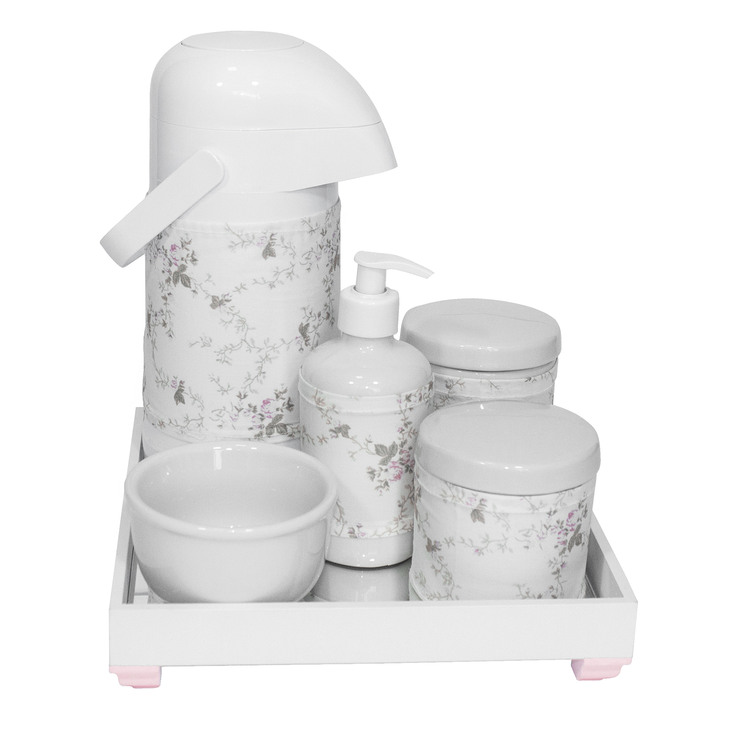 Kit Higiene Espelho Completo Porcelanas, Garrafa e Capa Rosa Quarto Bebê Menina